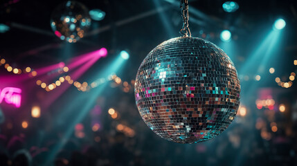 A disco ball is hanging from the ceiling in a crowded room. The ball is surrounded by colorful lights and people are dancing. Scene is energetic and fun, as the people are enjoying themselves