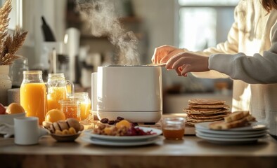 A boy is making pancakes in the kitchen, using a white toaster on his table.