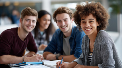 Fototapeta premium Happy college students studying together in soft sunlight