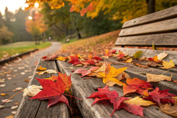 Close‑Up of Colorful Autumn Leaves Scattered on Rustic Wooden Bench with Soft Light and Blurred Fall Background