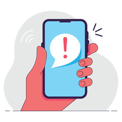 Hand holding smartphone displaying alert notification with exclamation mark
