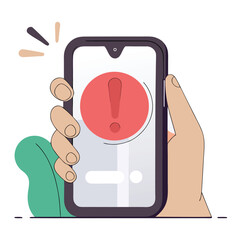 Hand holding smartphone showing red alert and exclamation mark notification