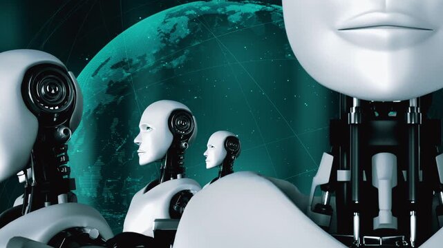3D rendering of robot hominoid group in concept of future artificial intelligence and 4th fourth industrial revolution .