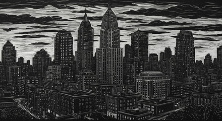 Linocut City Skyline at Dusk