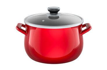 Red cooking pot with glass lid. 3D rendering