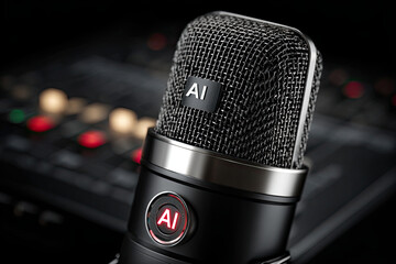 Professional studio microphone with glowing AI text display, artificial intelligence podcast recording equipment, voice recognition technology, modern broadcasting and content creation concept

