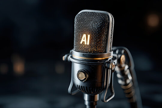 Professional studio microphone with glowing AI text display, artificial intelligence podcast recording equipment, voice recognition technology, modern broadcasting and content creation concept

