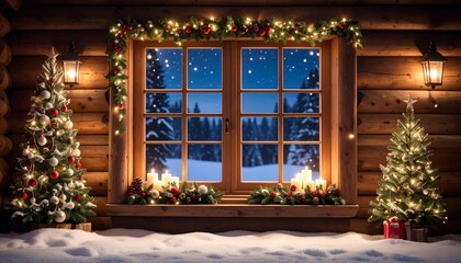 Cozy Christmas Cabin Window View with Snowfall and Decorated Trees