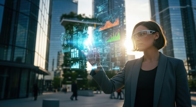Woman in city interacts with holographic data displays