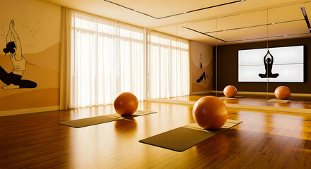Empty modern yoga studio with exercise mats and large screen displaying a yoga pose