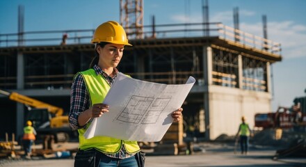 Woman in safety vest studies blueprints on construction site