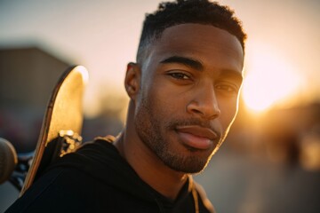 Young african male skater in sunset urban environment