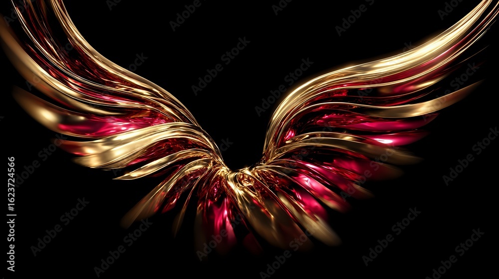 Sticker metallic golden wings in dynamic motion with ruby red reflections, flowing across a rich black velve