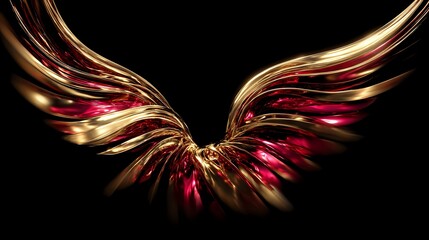 Metallic golden wings in dynamic motion with ruby red reflections, flowing across a rich black velvet background under focused directional lighting