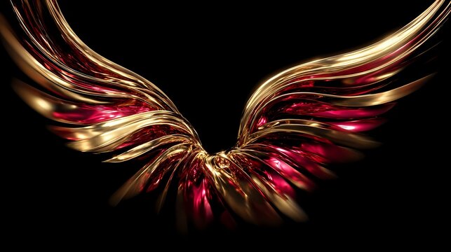 Metallic golden wings in dynamic motion with ruby red reflections, flowing across a rich black velvet background under focused directional lighting