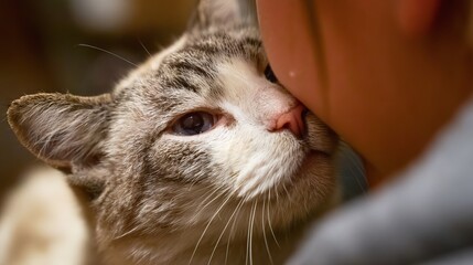 Close-up of a cat affectionately nuzzling against a person's face in warm lighting.