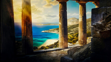 Ancient greek temple ruins overlooking a beautiful turquoise ocean bay
