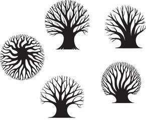 Set of tree silhouettes vector illustration with branches leaves and seasonal forest design elements