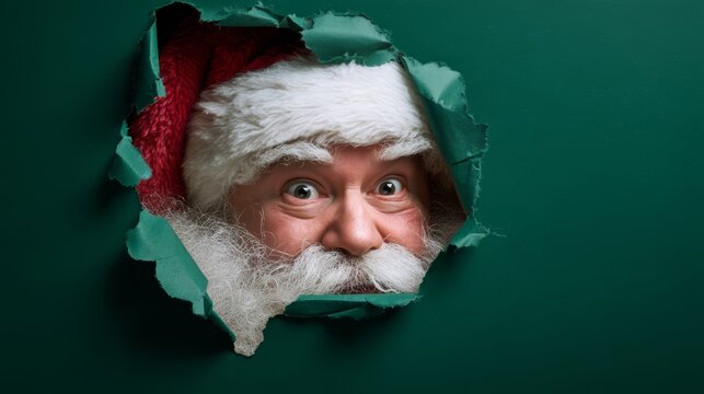 Funny Santa Claus close-up peeking through green torn background – perfect for christmas sale, new year invitation, postcard mockup