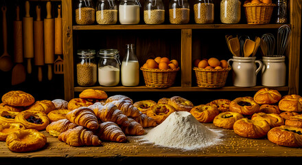 Abundant display of freshly baked pastries and baking ingredients on a wooden table