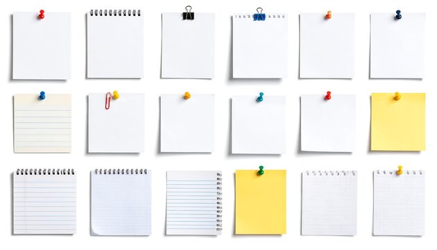 Assorted notepads and paper sheets pinned on white background, office supplies - Powered by Adobe