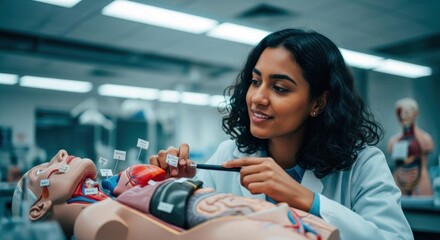 Woman studying human anatomy model in lab