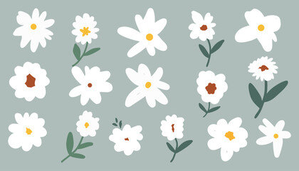 cute white hand drawn ink daisy flowers set