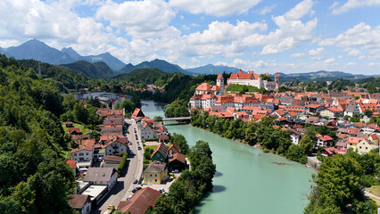 Drone view of Fuessen Bavaria with river and mountain landscape