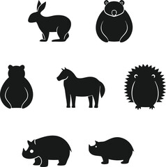 Fototapeta premium Various Black Animal Silhouettes Standing on White Background rabbit bear