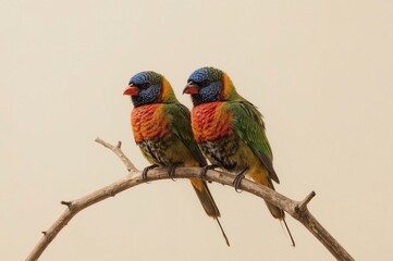 Obraz premium Rainbow Lorikeets perched on branch, studio shot, calm background, wildlife poster