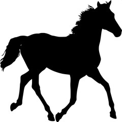 A stylized silhouette of a galloping horse in profile view, centered in the frame. The horse is in full stride, legs extended mid-motion. The silhouette is solid black on a white background, with no a