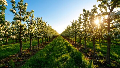Fototapeta premium Blossoming pear orchard on a sunny day