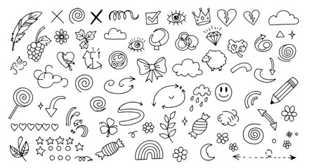 Fototapeta premium Doodle tattoo collection with eyes, bows, arrows, flowers, and clouds, isolated on white background doodle style icon set