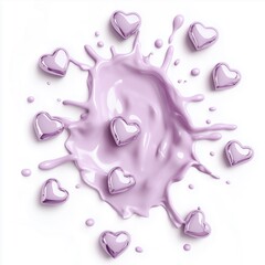 Pastel lavender liquid splash spreading like paint on canvas, surrounded by glossy heart-shaped decorations in lavender tones. White background