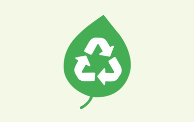 Ilustración vectorial de una hoja verde con el símbolo universal de reciclaje en su interior. Conceptos de ecología, sostenibilidad, medio ambiente, reciclaje y economía circular.