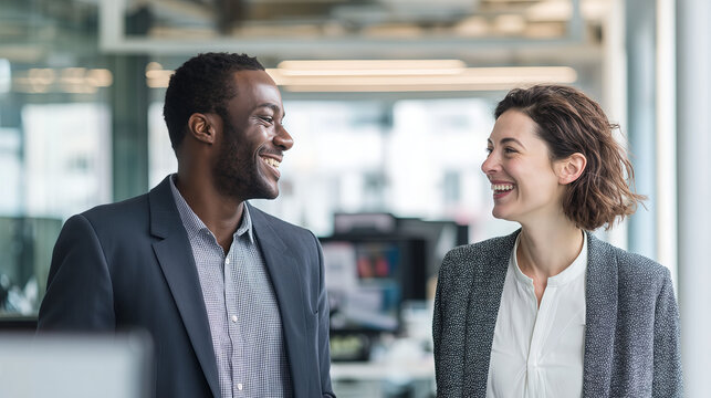 Two professional people are having a happy conversation in the office setting, embodying mutual respect and understanding