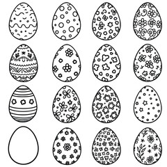 Black and White Easter Egg Vector Set – 16 Decorative Designs Featuring Floral, Striped, Dotted, and Abstract Patterns