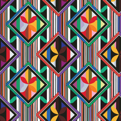 Vibrant Geometric Pattern With Colorful Diamonds And Stripes.