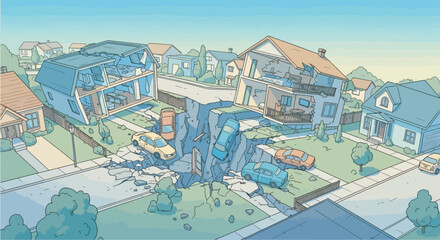 Bird’s-eye view of a massive earthquake fault line tearing through a suburban neighborhood, houses split in half, cars trapped in debris