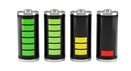 Four battery icons displaying energy levels from full green to empty red, illustrating the concept of energy consumption and sustainability in green energy solutions