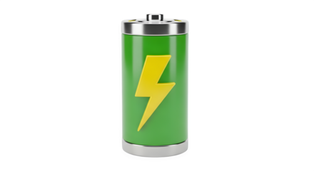 Green energy battery illustration with a lightning bolt symbol, showcasing modern technology and sustainability concepts in a vibrant and dynamic design for eco-friendly initiatives