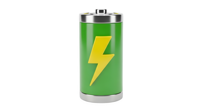 Green energy battery illustration with a lightning bolt symbol, showcasing modern technology and sustainability concepts in a vibrant and dynamic design for eco-friendly initiatives
