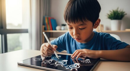 Young boy drawing on a tablet