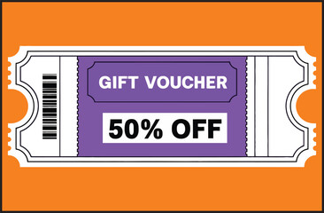 Gift Voucher 50% Off Purple Ticket Vector - Discount Certificate with Perforated Edges and Barcode