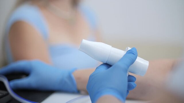 Medical worker holding diagnostic spirometer