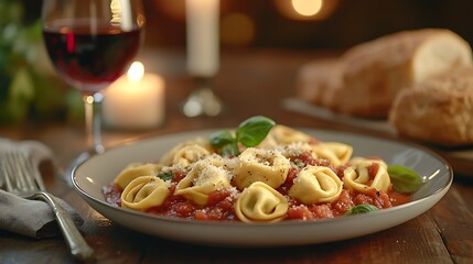 Tortellini pasta served with tomato sauce and parmesan, surrounded by candles and red wine. Celebrating National Tortellini Day with traditional Italian flavors