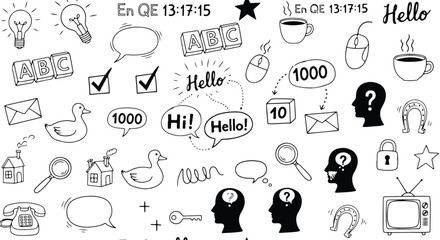Obraz premium Handwritten hello and hi in speech bubbles, with communication icons, isolated on white background doodle style icon set