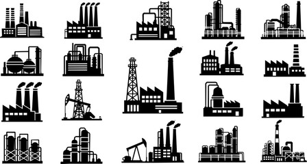 Factory, power plant industrial icons. Factory, power plant, oil refinery and oil processing plant industrial icon. EPS version.