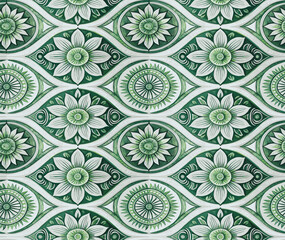 Green And White Floral Mandala Pattern, Intricate And Symmetrical Design.