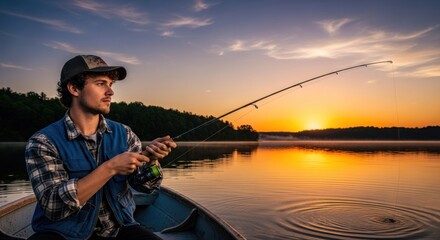 Obraz premium Young man fishing at sunrise on a calm lake